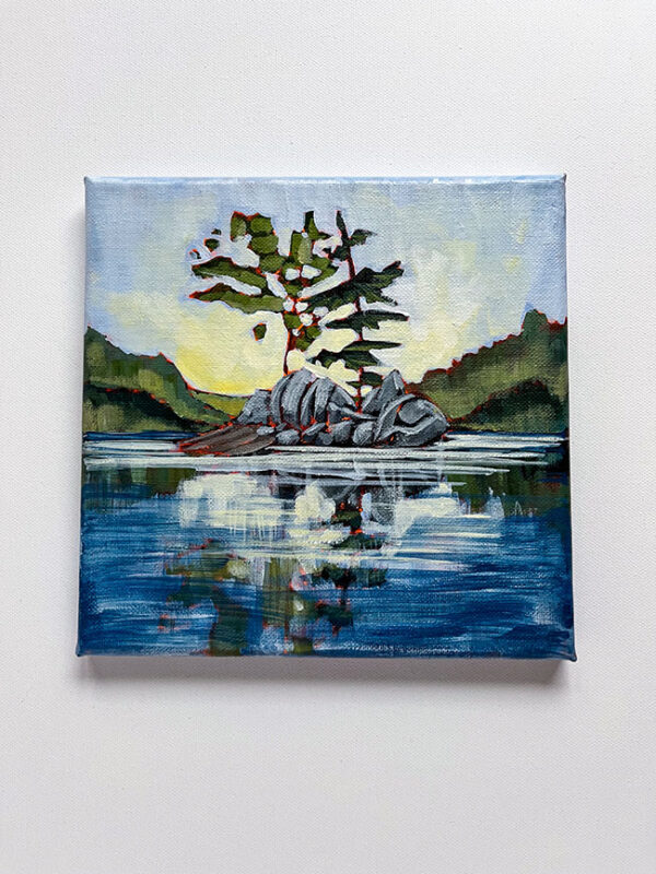 painting of trees and rocks on a lake in a mountain scene