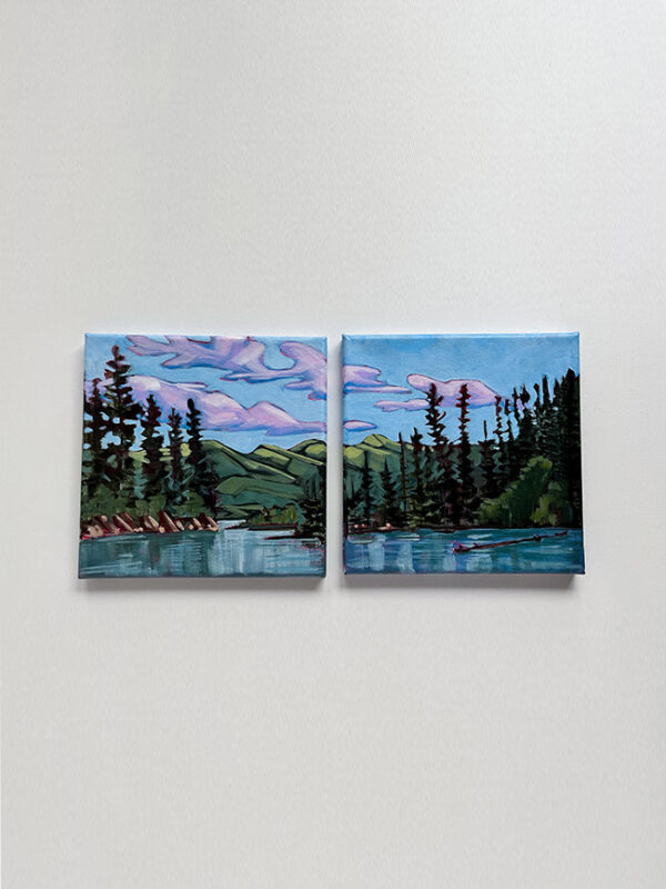 Set of two paintings showing view of trees, green hills and a lake