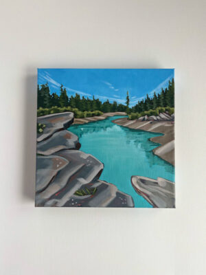 Square acrylic painting of Rocky Mountains and blue water with reflections