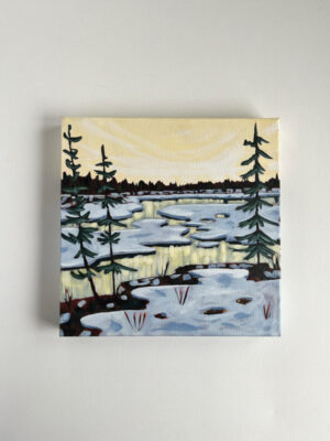 Yellow skies and water around melting snow and trees, acrylic painting on canvas