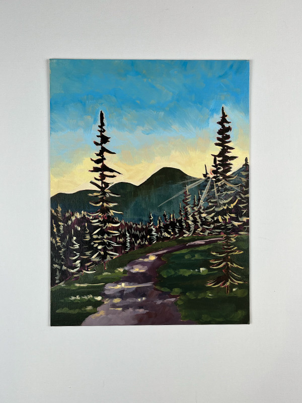 sunrise on a mountain pathway acrylic on canvas panel