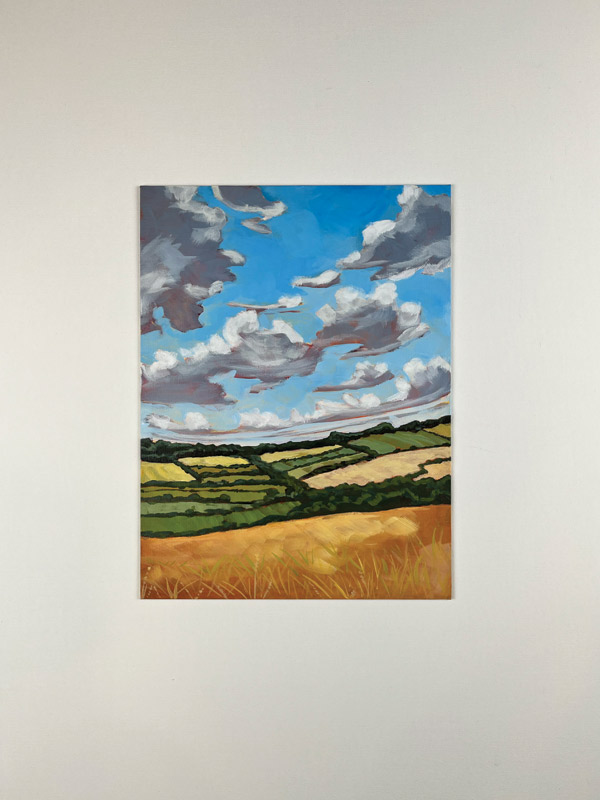 clouds in a blue sky across green and golden fields, acrylic on canvas board