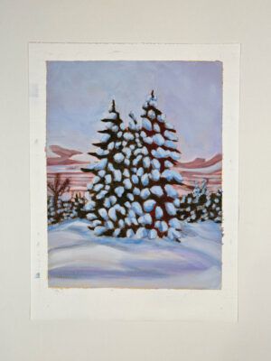 quiet winter landscape featuring snowy trees on canvas