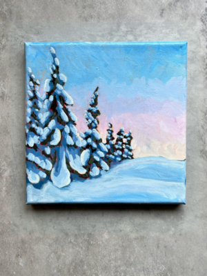 acrylic painting of snowy winter trees against a colourful sunrise