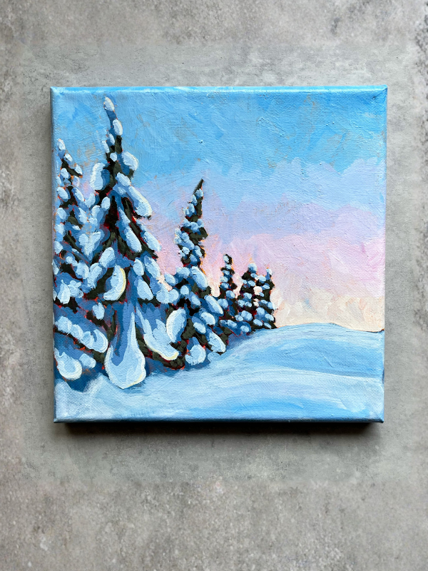 acrylic painting of snowy winter trees against a colourful sunrise