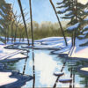 View of winter forest and water, acrylic on canvas