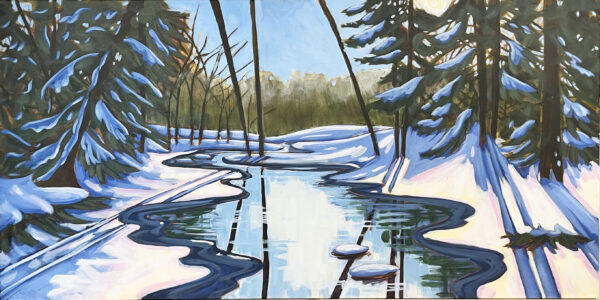 View of winter forest and water, acrylic on canvas