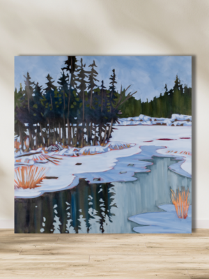 winter scene of trees reflected in frozen waters