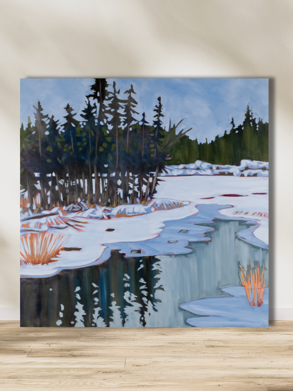 winter scene of trees reflected in frozen waters